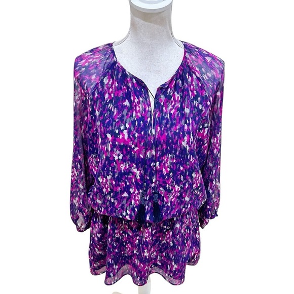Joie long sleeve silk mini dress sheer Purple/Pink/navy dress tassel tie small - Picture 4 of 11